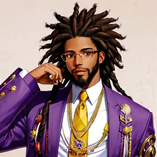 Prompt: afro American young male with dreads, glasses, handsome, clear beautiful face, beard stub, 5 o'clock shadow, purple clothes, final fantasy  Amano art style,
