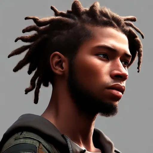 Prompt: portrait, realistic digital art, young male, three-quarters portrait, afro American, black hair, dreads, his hair is shorter on the sides, light stubble, modern tactical clothing, rosy skin undertone, pale skin, handsome