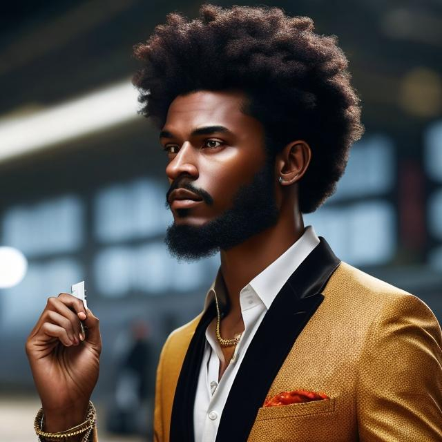 Prompt:  realistic digital art, young male, waist up, afro American, black hair, dreads, his hair is shorter on the sides, light stubble, two piece suit , dark skin, handsome, background is an airport,   ancient Kamet man giving a blunt to a black Indian 