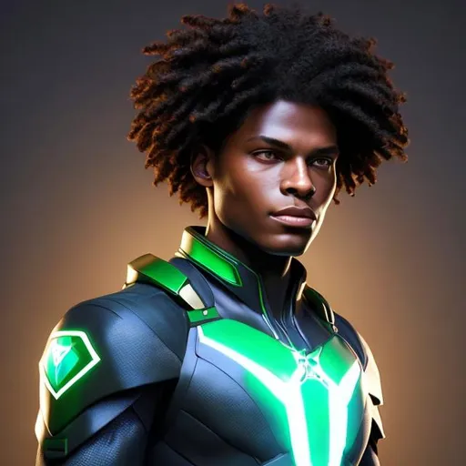 Prompt: waist up, realistic digital art, young male mutant, waring emerald super hero suit, a flower insignia glowing on face, using flower powers,  waist up, posing, afro American, black hair, long dreads, his hair is shorter on the sides, light stubble, two piece suit , dark skin, handsome, beautiful glowing eyes, 