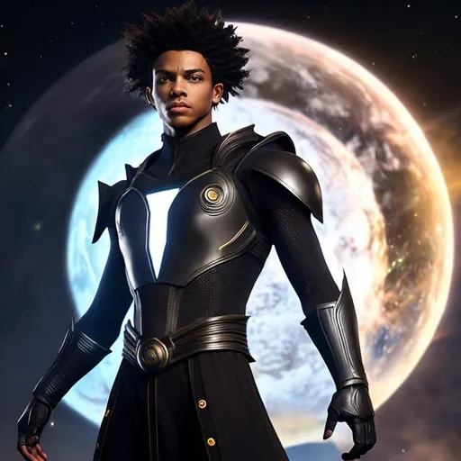 Prompt: whole body, realistic digital art, young male, floating in the air, zod pose, waring a final fantasy  outfit, a cosmic insignia glowing on face, using cosmic powers,  waist up, flying, afro American, black hair, long dreads, his hair is shorter on the sides, light stubble, using powers , dark skin, handsome, beautiful cosmic eyes,  flying pose,