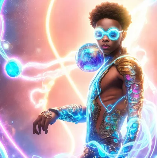 Prompt: whole body, realistic digital art, young male Atlantean, wearing glasses, floating in the deep sea wearing cobalt and tech pirate, a cosmic insignia glowing on face, using cosmic powers,  waist up, flying, afro American, hair is made from a neon jelly fish, light stubble, using powers , dark skin, handsome, beautiful cosmic eyes,  flying pose,a stunning Donato Giancola masterpiece in fantasy nouveau artstyle by Anders Zorn and Joseph Christian Leyendecker , neat and clear tangents full of negative space , ominous dramatic lighting with macabre somber shadows and highlights enhancing depth of perspective and 3D volumetric drawing , colorful vibrant painting in HDR with shiny shimmering reflections and intricate detailed ambient occlusion