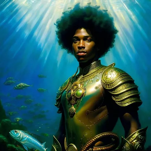 Prompt: afro american young man, underwater,  Atlantean , stunning Donato Giancola masterpiece in fantasy nouveau artstyle by Anders Zorn and Joseph Christian Leyendecker , neat and clear tangents full of negative space , ominous dramatic lighting with macabre
