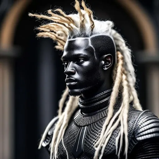 Prompt: a man made with black 4.0,  skin shinny, handsome, white silvery course hair, dread like hair, skin glazing in star light, hyper real, fantasy, 