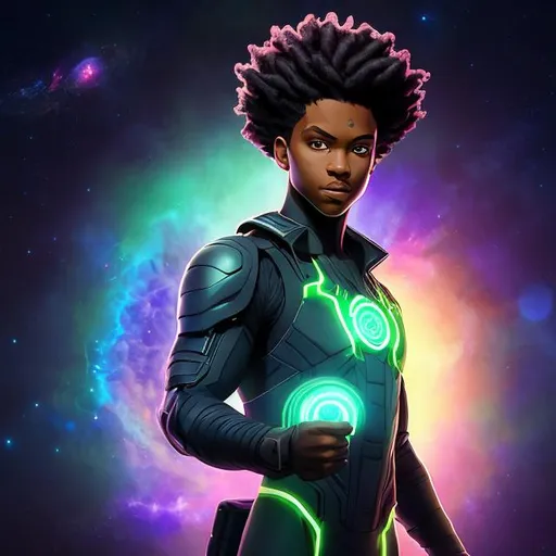 Prompt: whole body, realistic digital art, young male mutant, floating in the air, waring emerald and space punk, a cosmic insignia glowing on face, using cosmic powers,  waist up, posing, afro American, black hair, long dreads, his hair is shorter on the sides, light stubble, using powers , dark skin, handsome, beautiful glowing eyes,  flying pose,