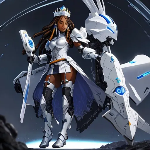 Prompt:  black woman with dreads,PlayStation 5 controller as a future armor, armor is made of white marble, white crown with PlayStation logo, ,