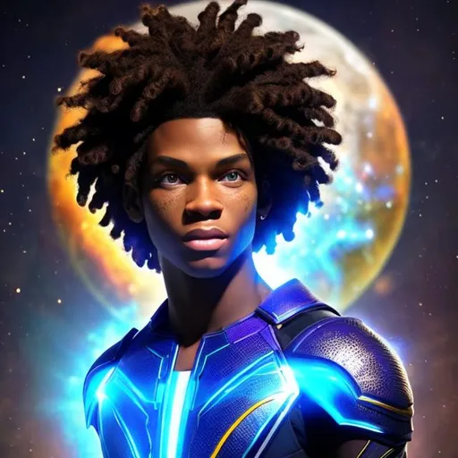 Prompt: whole body, realistic digital art, young male Atlantean, floating in the air, waring cobalt and space pirate, a cosmic insignia glowing on face, using cosmic powers,  waist up, flying, afro American, black hair, long dreads, his hair is shorter on the sides, light stubble, using powers , dark skin, handsome, beautiful cosmic eyes,  flying pose,