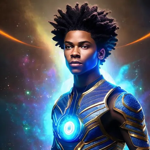 Prompt: whole body, realistic digital art, young male Atlantean, floating in the air, waring cobalt and space punk, a cosmic insignia glowing on face, using cosmic powers,  waist up, flying, afro American, black hair, long dreads, his hair is shorter on the sides, light stubble, using powers , dark skin, handsome, beautiful cosmic eyes,  flying pose,