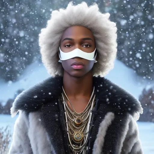 Prompt: whole body, realistic digital art, young afro american  male, with glossy skin,  wearing a clear see through bird Plague doctor mask, standing in the  frozen tundra, has snow white dreads on his head with an opal gloss, has snow white eyebrows with an opal gloss, has snow white lips with an opal gloss, wearing a snow vest with white fur, abbs exposed,  a white opal cosmic insignia glowing on face, using cosmic powers,  waist up,   light stubble, using powers , dark skin, handsome, beautiful cosmic eyes,  flying pose,a stunning Donato Giancola masterpiece in fantasy nouveau artstyle by Masayoshi Suto and Shigenori Soejima, neat and clear tangents full of negative space , ominous dramatic lighting with macabre somber shadows and highlights enhancing depth of perspective and 3D volumetric drawing , colorful vibrant painting in 