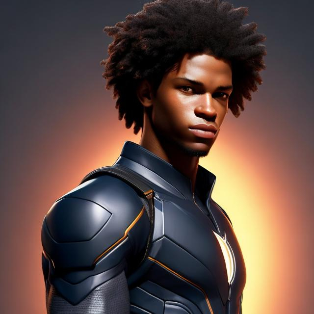 Prompt: waist up, realistic digital art, young male super hero,  waist up, posing, afro American, black hair, dreads, his hair is shorter on the sides, light stubble, two piece suit , dark skin, handsome, beautiful glowing eyes, 