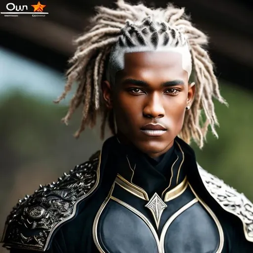 Prompt: a man with black 4.0 onyx skin, handsome, white silvery course hair, dread like hair, skin glazing in star light, hyper real, fantasy, 