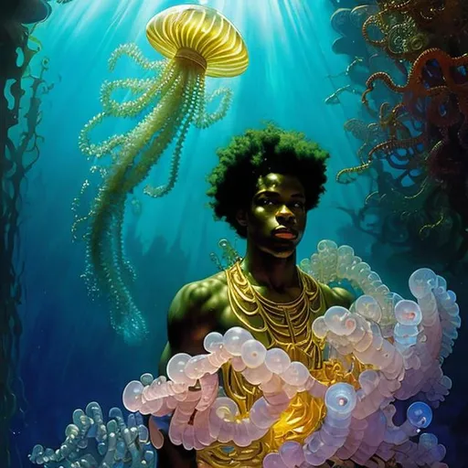 Prompt: afro american young man, underwater,  wearing a glowing jelly fish, Atlantean ,  super hero, stunning Donato Giancola masterpiece in fantasy nouveau artstyle by Anders Zorn and Joseph Christian Leyendecker , neat and clear tangents full of negative space , ominous dramatic lighting with macabre