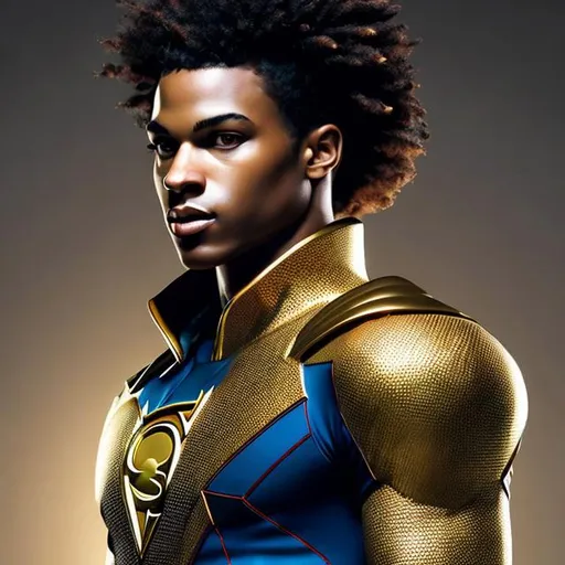 Prompt: waist up, realistic digital art, young male super hero, waring gold super hero suit, a gold insignia glowing on face, using powers,  waist up, posing, afro American, black hair, long dreads, his hair is shorter on the sides, light stubble, two piece suit , dark skin, handsome, beautiful glowing eyes, 