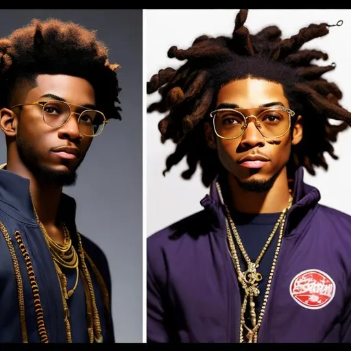 Prompt: reference portrait of front and side and back , afro american young male with dreads, glasses, handsome, clear beautiful face, beard stub,  5 o'clock shadow, purple clothes art style by
Masayoshi Suto and Shigenori Soejima, persona 5 art style, 

