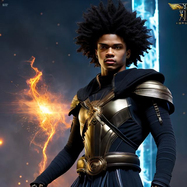 Prompt: whole body, realistic digital art, young male, floating in the air, zod pose, waring a final fantasy  outfit, a cosmic insignia glowing on face, using cosmic powers,  waist up, flying, afro American, black hair, long dreads, his hair is shorter on the sides, light stubble, using powers , dark skin, handsome, beautiful cosmic eyes,  flying pose,