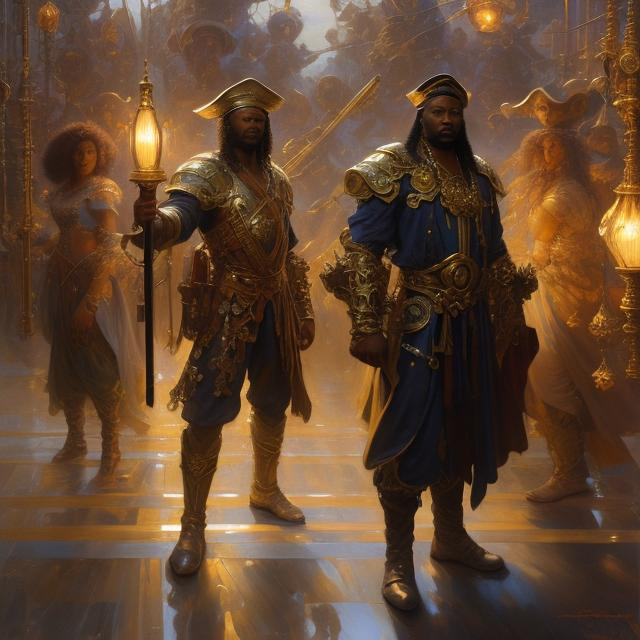 Prompt: afro american,  star pirate, stunning Donato Giancola masterpiece in fantasy nouveau artstyle by Anders Zorn and Joseph Christian Leyendecker , neat and clear tangents full of negative space , ominous dramatic lighting with macabre