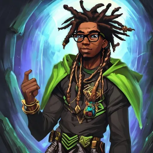Prompt: Black young man with glasses and dreads dressed as super hero 
MTG art style
