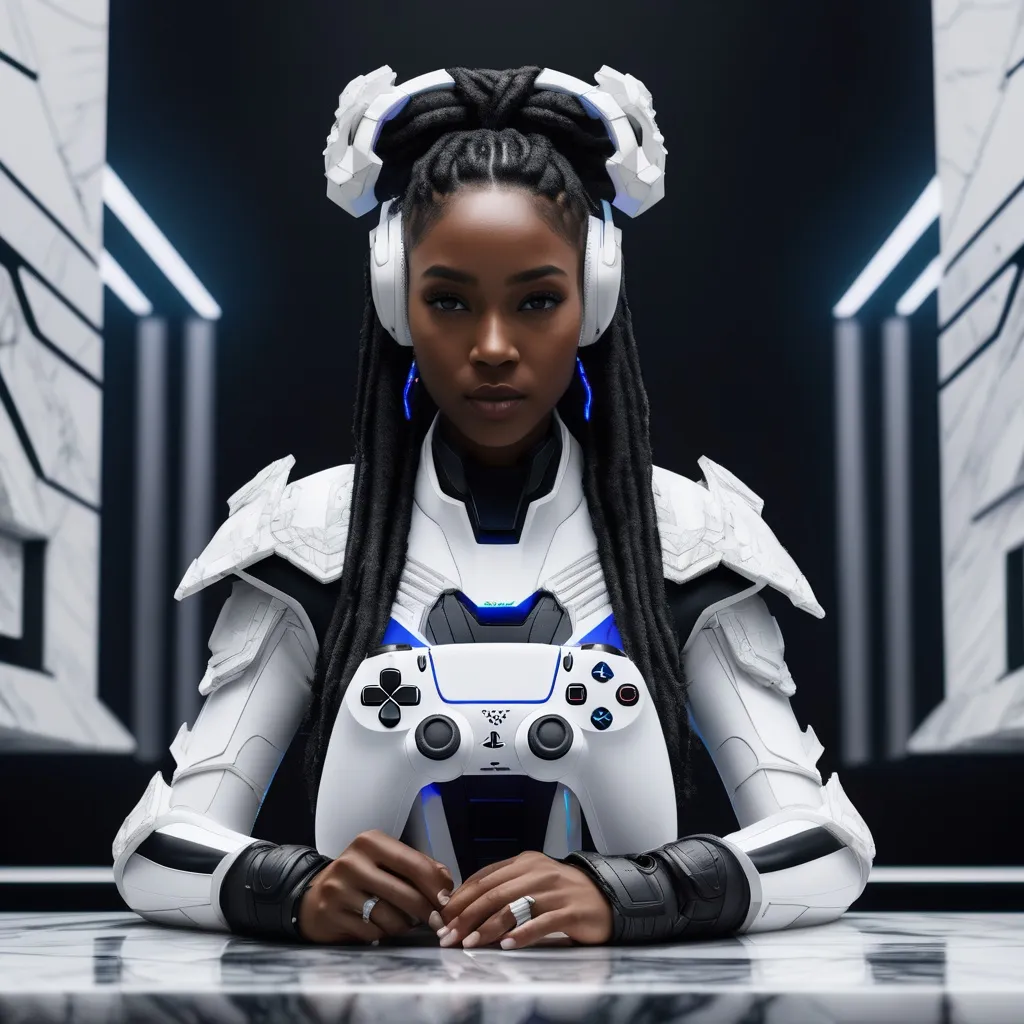 Prompt: PlayStation 5 controller as a future armor, armor is made of white marble, white crown with PlayStation logo, black woman with dreads, fighting pose,