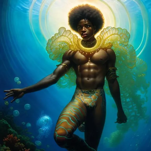 Prompt: afro american young man, underwater,  wearing a glowing jelly fish, Atlantean ,  super hero, stunning Donato Giancola masterpiece in fantasy nouveau artstyle by Anders Zorn and Joseph Christian Leyendecker , neat and clear tangents full of negative space , ominous dramatic lighting with macabre