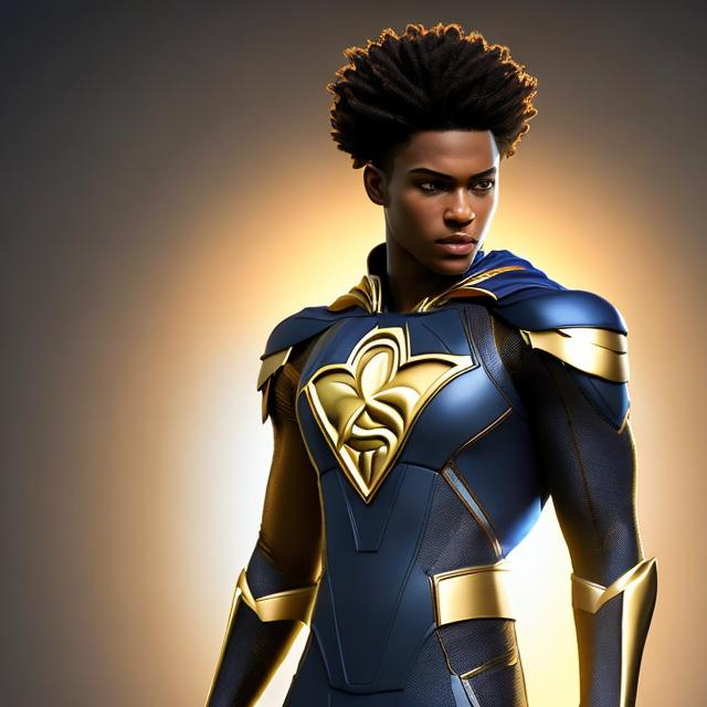 Prompt: waist up, realistic digital art, young male super hero, waring gold super hero suit, a gold insignia glowing on face, using powers,  waist up, posing, afro American, black hair, long dreads, his hair is shorter on the sides, light stubble, two piece suit , dark skin, handsome, beautiful glowing eyes, 