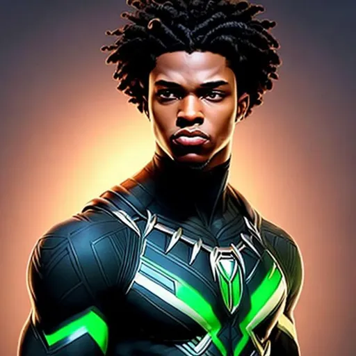 Prompt: waist up, realistic digital art, young male mutant, waring emerald and black panther super hero suit, a flower insignia glowing on face, using flower powers,  waist up, posing, afro American, black hair, long dreads, his hair is shorter on the sides, light stubble, using powers , dark skin, handsome, beautiful glowing eyes,  super hero pose,