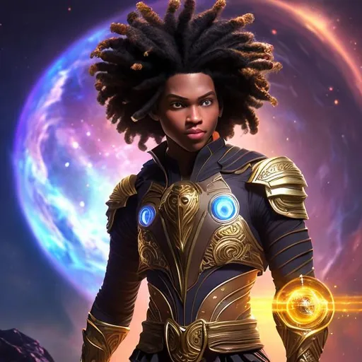 Prompt: whole body, realistic digital art, young male Atlantean, floating in the air, waring space pirate outfit, a cosmic insignia glowing on face, using cosmic powers,  waist up, flying, afro American, black hair, long dreads, his hair is shorter on the sides, light stubble, using powers , dark skin, handsome, beautiful cosmic eyes,  flying pose,