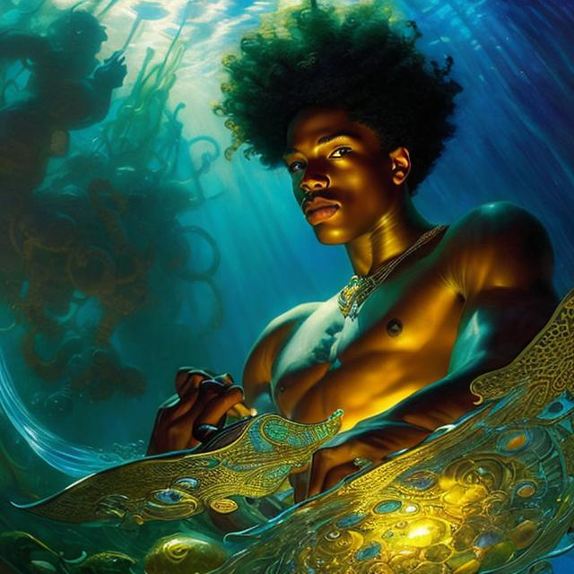 Prompt: afro american young man, underwater,  Atlantean , stunning Donato Giancola masterpiece in fantasy nouveau artstyle by Anders Zorn and Joseph Christian Leyendecker , neat and clear tangents full of negative space , ominous dramatic lighting with macabre