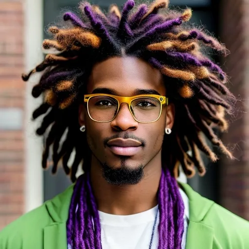 Prompt:  afro american young male with dreads, glasses, handsome, clear beautiful face, beard stub,  5 o'clock shadow, purple clothes, punching

