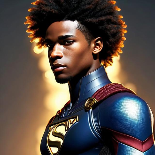 Prompt: waist up, realistic digital art, young male super hero, waring gold, using powers,  waist up, posing, afro American, black hair, long dreads, his hair is shorter on the sides, light stubble, two piece suit , dark skin, handsome, beautiful glowing eyes, 