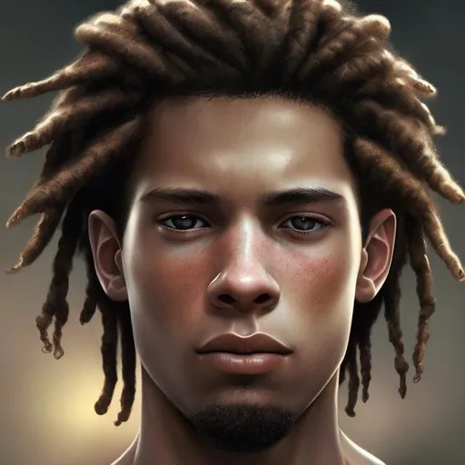 Prompt: portrait, realistic digital art, young male, three-quarters portrait, afro American, black hair, dreads, his hair is shorter on the sides, light stubble, modern tactical clothing, rosy skin undertone, pale skin, handsome, background is an airport