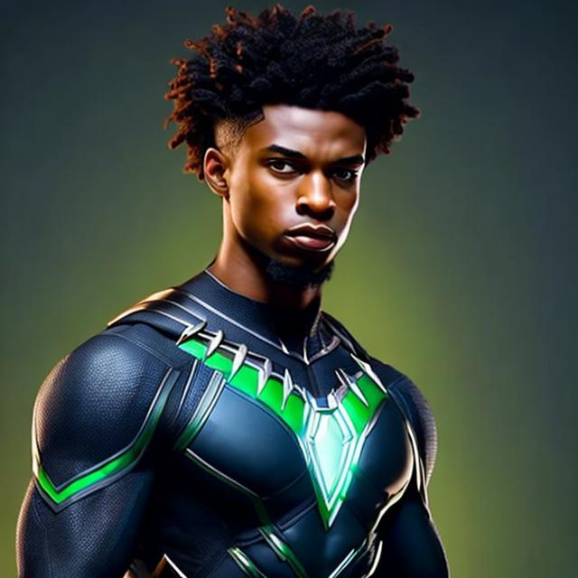 Prompt: waist up, realistic digital art, young male mutant, waring emerald and black panther super hero suit, a flower insignia glowing on face, using flower powers,  waist up, posing, afro American, black hair, long dreads, his hair is shorter on the sides, light stubble, using powers , dark skin, handsome, beautiful glowing eyes,  super hero pose,