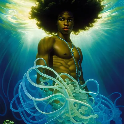 Prompt: afro american young man, underwater,  wearing a neon glowing jelly fish, Atlantean ,  super hero, stunning Donato Giancola masterpiece in fantasy nouveau artstyle by Anders Zorn and Joseph Christian Leyendecker , neat and clear tangents full of negative space , ominous dramatic lighting with macabre