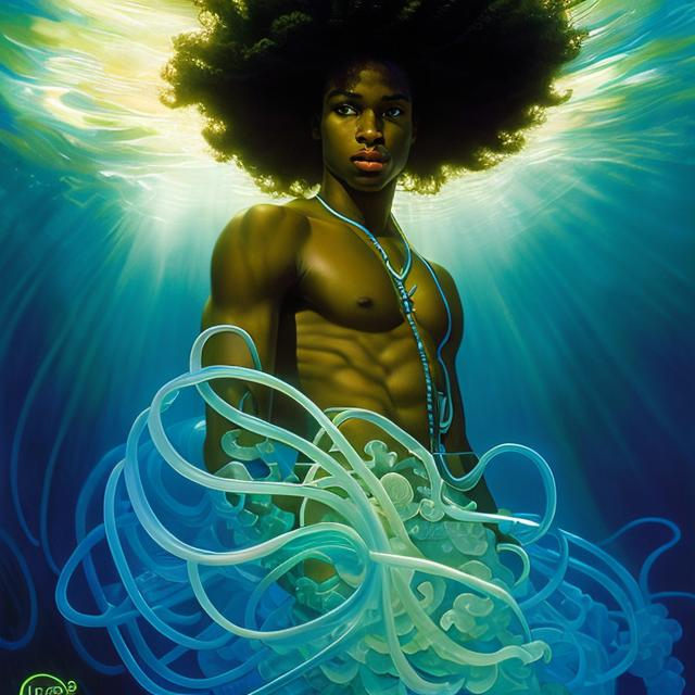 Prompt: afro american young man, underwater,  wearing a neon glowing jelly fish, Atlantean ,  super hero, stunning Donato Giancola masterpiece in fantasy nouveau artstyle by Anders Zorn and Joseph Christian Leyendecker , neat and clear tangents full of negative space , ominous dramatic lighting with macabre