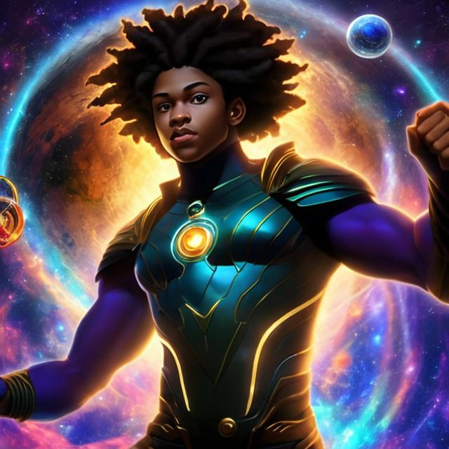 Prompt: whole body, realistic digital art, young male Atlantean, floating in the air, waring neos and space pirate, a cosmic insignia glowing on face, using cosmic powers,  waist up, flying, afro American, black hair, long dreads, his hair is shorter on the sides, light stubble, using powers , dark skin, handsome, beautiful cosmic eyes,  flying pose,