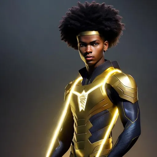 Prompt: waist up, realistic digital art, young male super hero, waring gold super hero suit, wearing a gold tattoo glowing on face, using powers,  waist up, posing, afro American, black hair, long dreads, his hair is shorter on the sides, light stubble, two piece suit , dark skin, handsome, beautiful glowing eyes, 