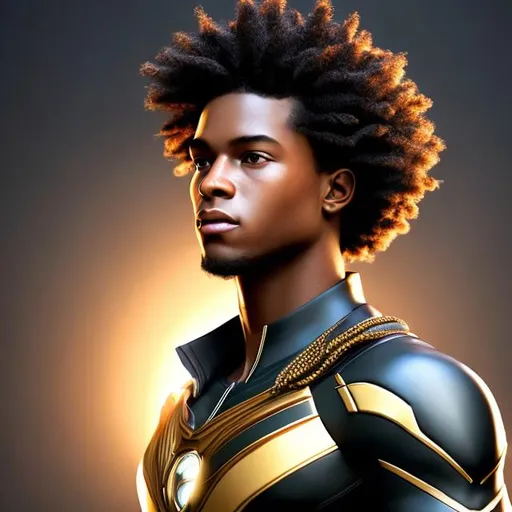 Prompt: waist up, realistic digital art, young male super hero, waring gold, using powers,  waist up, posing, afro American, black hair, long dreads, his hair is shorter on the sides, light stubble, two piece suit , dark skin, handsome, beautiful glowing eyes, 