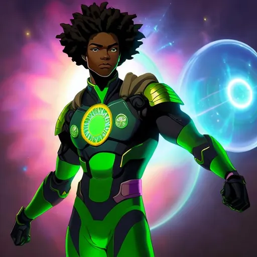 Prompt: whole body, realistic digital art, young male mutant, floating in the air, waring emerald and space punk, a flower insignia glowing on face, using flower powers,  waist up, posing, afro American, black hair, long dreads, his hair is shorter on the sides, light stubble, using powers , dark skin, handsome, beautiful glowing eyes,  flying pose,