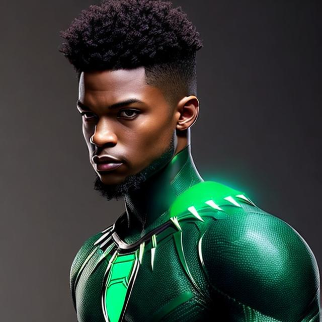 Prompt: waist up, realistic digital art, young male mutant, waring emerald and black panther super hero suit, a glowing insignia glowing on face, using emerald powers,  waist up, posing, afro American, black hair, long slick hair to the back, his hair is shorter on the sides, light stubble, using powers , dark skin, handsome, beautiful green glowing eyes,  super hero pose,