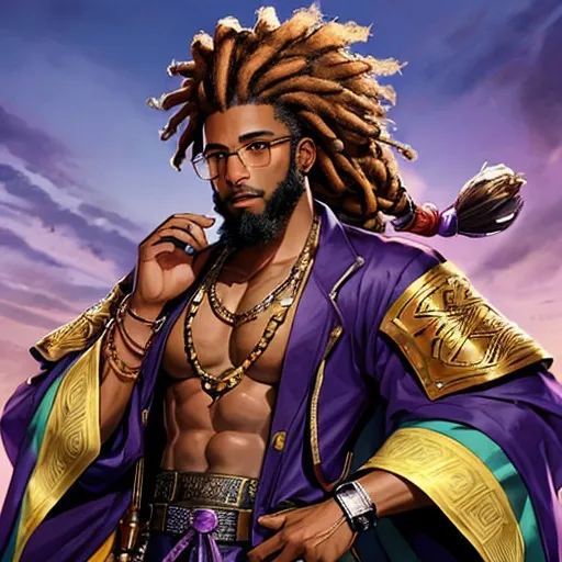 Prompt: afro American young male with dreads, glasses, handsome, clear beautiful face, beard stub, 5 o'clock shadow, purple clothes, final fantasy cover art stlye,
