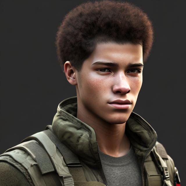 Prompt: portrait, realistic digital art, young male, three-quarters portrait, afro American, black hair, wavy hair, his hair is shorter on the sides, light stubble, modern tactical clothing, rosy skin undertone, pale skin, handsome