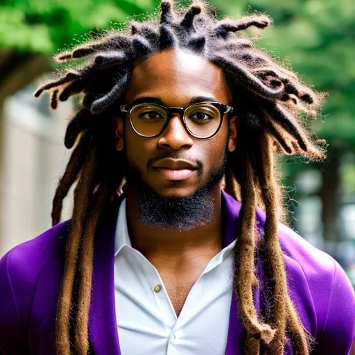 Prompt:  afro American young male with dreads, glasses, handsome, clear beautiful face, beard stub,  5 o'clock shadow, purple clothes, fighting pose


