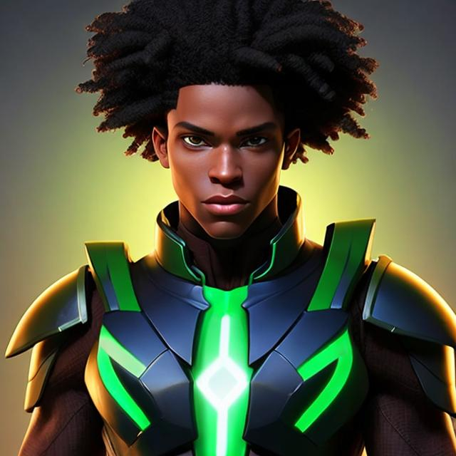 Prompt: waist up, realistic digital art, young male mutant, waring emerald and flower super hero suit, a flower insignia glowing on face, using flower powers,  waist up, posing, afro American, black hair, long dreads, his hair is shorter on the sides, light stubble, using powers , dark skin, handsome, beautiful glowing eyes,  super hero pose,