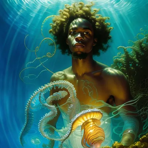 Prompt: afro american young man, underwater,  wearing a glowing jelly fish, Atlantean , stunning Donato Giancola masterpiece in fantasy nouveau artstyle by Anders Zorn and Joseph Christian Leyendecker , neat and clear tangents full of negative space , ominous dramatic lighting with macabre