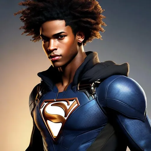 Prompt: waist up, realistic digital art, young male super hero, using powers,  waist up, posing, afro American, black hair, long dreads, his hair is shorter on the sides, light stubble, two piece suit , dark skin, handsome, beautiful glowing eyes, 