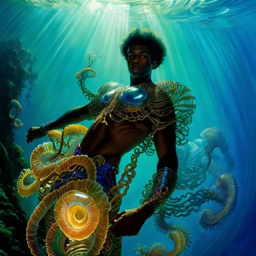 Prompt: afro american young man, underwater,  wearing a glowing jelly fish, Atlantean ,  super hero, stunning Donato Giancola masterpiece in fantasy nouveau artstyle by Anders Zorn and Joseph Christian Leyendecker , neat and clear tangents full of negative space , ominous dramatic lighting with macabre