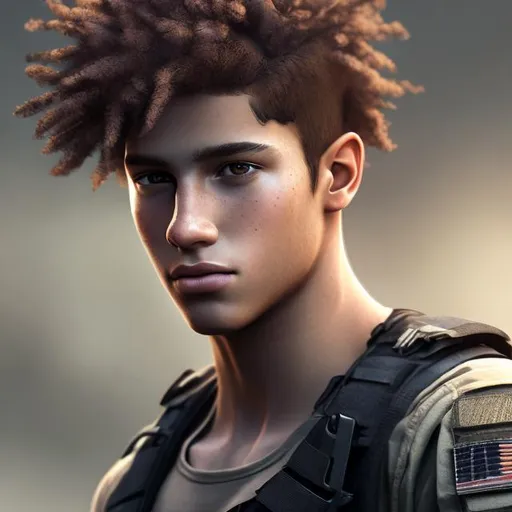 Prompt: portrait, realistic digital art, young male, three-quarters portrait, afro American, black hair, wavy hair, his hair is shorter on the sides, light stubble, modern tactical clothing, rosy skin undertone, pale skin, handsome