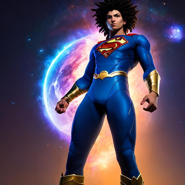 Prompt: whole body, realistic digital art, young male, floating in the air, superman pose, waring a final fantasy  outfit, a cosmic insignia glowing on face, using cosmic powers,  waist up, flying, afro American, black hair, long dreads, his hair is shorter on the sides, light stubble, using powers , dark skin, handsome, beautiful cosmic eyes,  flying pose,