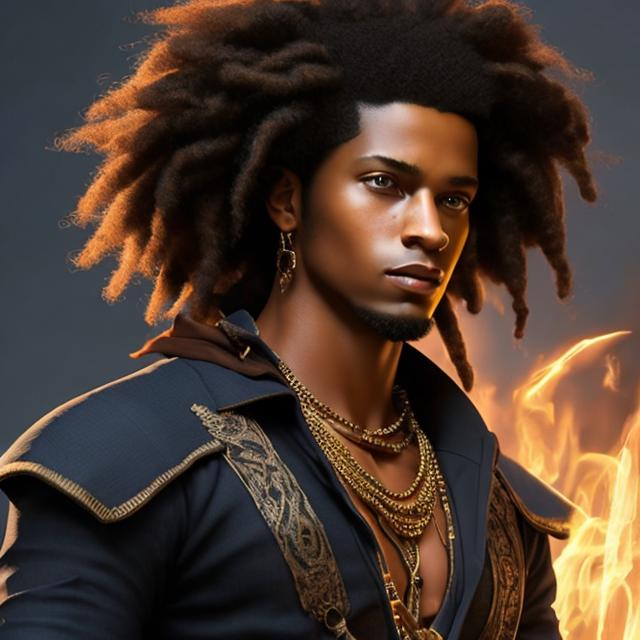 Prompt: portrait, realistic digital art, young male mage, waist up, afro American, black hair, dreads, his hair is shorter on the sides, light stubble, two piece suit , dark skin, handsome, casting spells