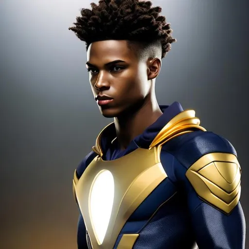 Prompt: waist up, realistic digital art, young male super hero, waring gold super hero suit, wearing a gold tattoo glowing on face, using powers,  waist up, posing, afro American, black hair, long dreads, his hair is shorter on the sides, light stubble, two piece suit , dark skin, handsome, beautiful glowing eyes, 