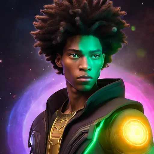 Prompt: whole body, realistic digital art, young male mutant, floating in the air, waring emerald and space punk, a cosmic insignia glowing on face, using cosmic powers,  waist up, posing, afro American, black hair, long dreads, his hair is shorter on the sides, light stubble, using powers , dark skin, handsome, beautiful glowing eyes,  flying pose,